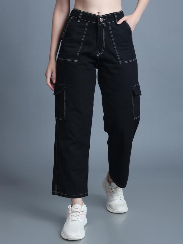 Women 6 Pockets Contrast Stitch Wide Leg Black Jean Pants – The