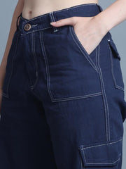 Women 6 Pockets Contrast Stitch Wide Leg 7/8 Blue Jean Pants