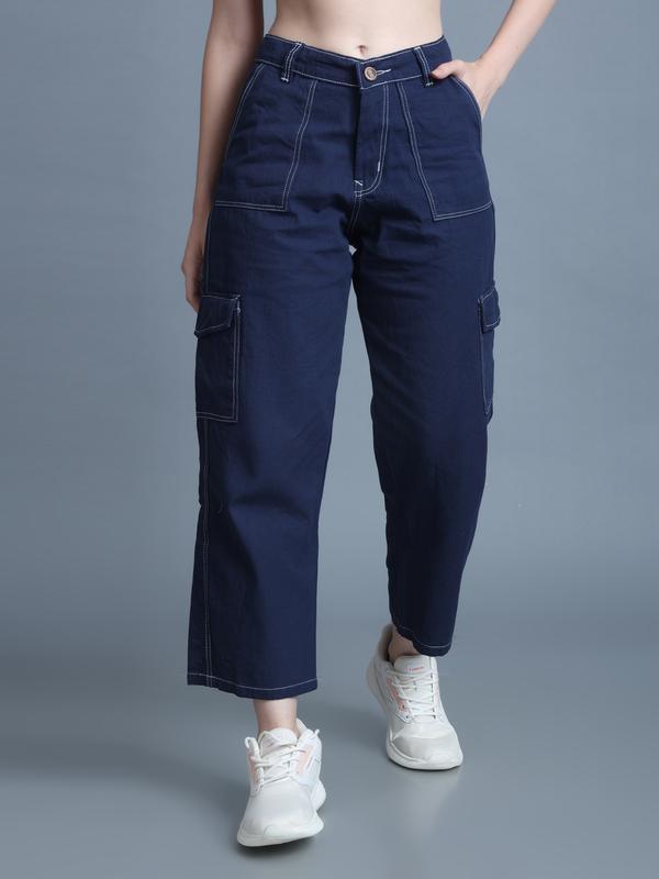 Women 6 Pockets Contrast Stitch Wide Leg 7/8 Blue Jean Pants - S
