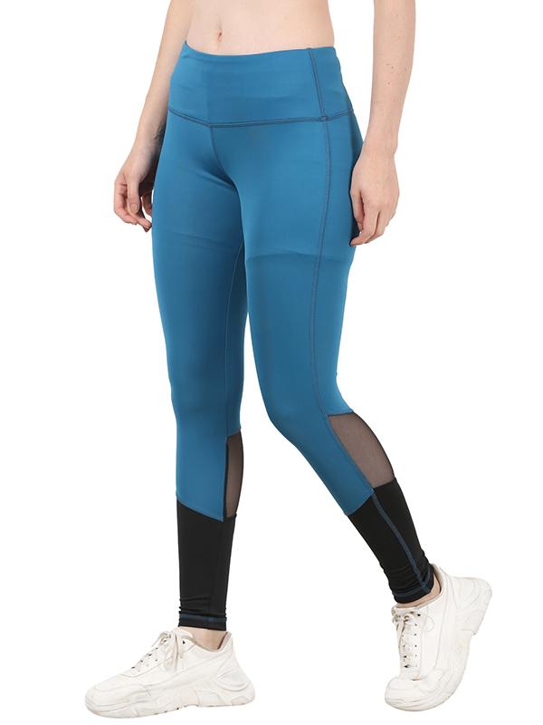 Women High Waist Mesh Net Design Gym Tights Arctic Blue Leggings