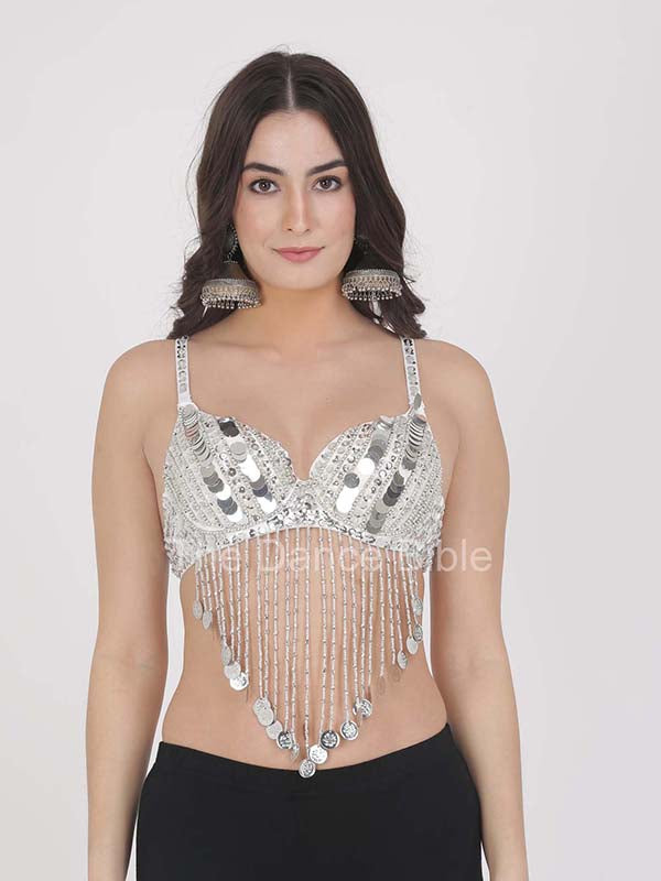 Sequined colorful belly dance halter neck bra tops for women hanging coin  canival stage performance belly dance sequin beaded tassel top