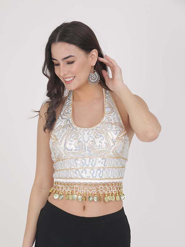White Gold Coin Belly Dance Top