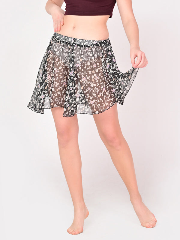 Girls Stylish Chiffon Flowy Sheer Black Flower Mini Skirt with