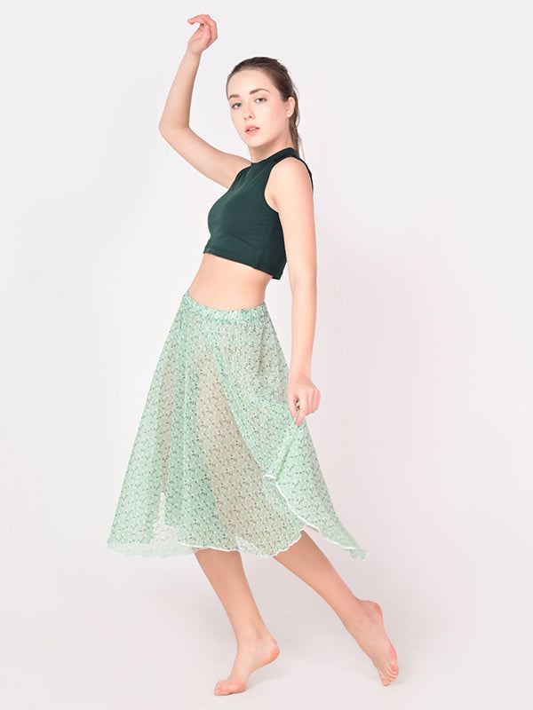 Mint Flower Midi Skirt with Elastic Pull on Waist