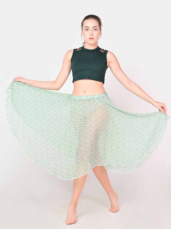 Chiffon Midi Skirt in Mint Flower Color