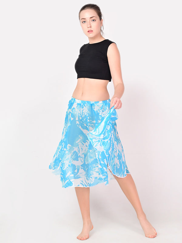 Sky Blue Splash Midi Skirt with Elastic Pull on Waist