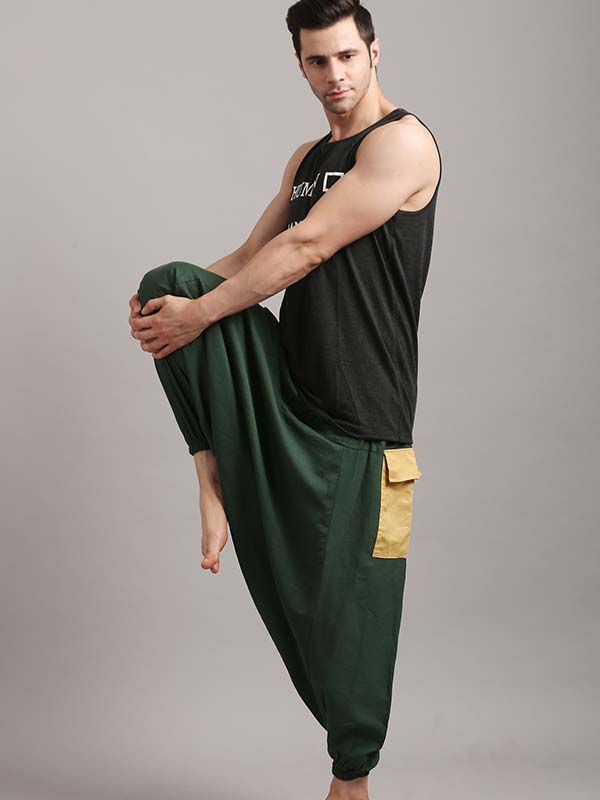 Bottle Green With Yellow Patch Zen Harem Pants For Men