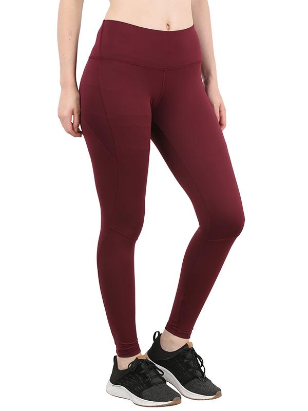 Women Solid High-Rise Gym Yoga Tights Maroon Leggings with Back Zip Pocket  - S