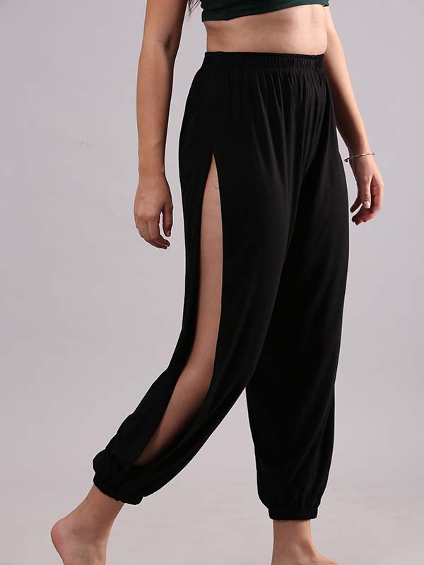 Women Side Slit Cotton Viscose Arabian Dance Harem Pants - Free Size / Black
