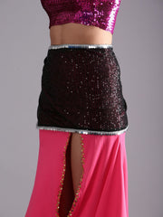 Women Shiny Sequin Embroidered Rectangular Belly Dance Hip Scarf Belt - Black