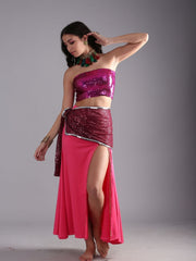 Women Shiny Sequin Embroidered Rectangular Belly Dance Hip Scarf Belt - Rich Maroon