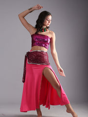 Women Shiny Sequin Embroidered Rectangular Belly Dance Hip Scarf Belt - Rich Maroon