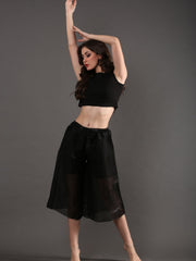 Women Chic Sheer Flared Dance Capri Culottes Pants (Semi-transparent) - Black