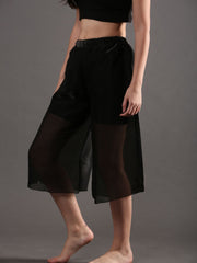 Women Chic Sheer Flared Dance Capri Culottes Pants (Semi-transparent) - Black
