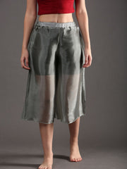 Women Chic Sheer Flared Dance Capri Culottes Pants (Semi-transparent) - Grey
