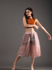 Women Chic Sheer Flared Dance Capri Culottes Pants (Semi-transparent) - Pink