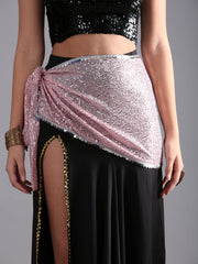 Women Shiny Sequin Embroidered Rectangular Belly Dance Hip Scarf Belt - Light Pink