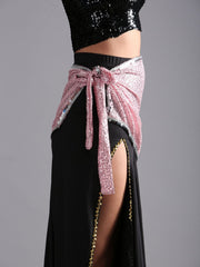 Women Shiny Sequin Embroidered Rectangular Belly Dance Hip Scarf Belt - Light Pink