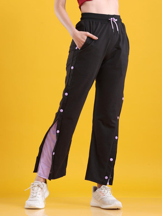 Women Black Side Snap Button Contrast Color Flared Trackpants - Lucas 1200