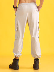 Men Stylish Cream High-Waist 6 Pockets Utility Joggers