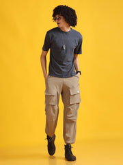 Men Beige Baggy-Fit Utility Joggers with 4-Pocket Design