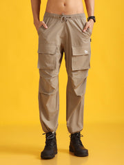 Men Beige Baggy-Fit Utility Joggers with 4-Pocket Design