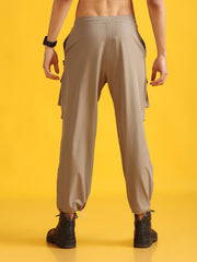 Men Beige Baggy-Fit Utility Joggers with 4-Pocket Design