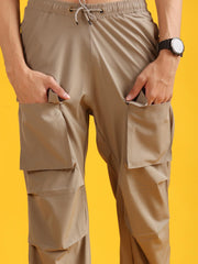 Men Beige Baggy-Fit Utility Joggers with 4-Pocket Design