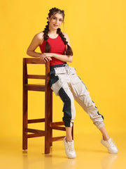 Women Stylish Light Grey High-Waist Contrast Side Panel Jogger Trackpants