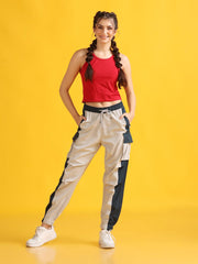 Women Stylish Light Grey High-Waist Contrast Side Panel Jogger Trackpants