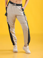 Women Stylish Light Grey High-Waist Contrast Side Panel Jogger Trackpants