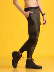 Men Stylish Olive High-Waist Contrast Side Panel Jogger Trackpants