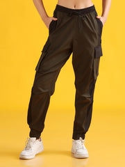 Women Stylish Olive High-Waist Contrast Side Panel Jogger Trackpants