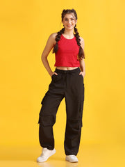 Women Stylish Black High-Waist 6 Pockets Utility Joggers