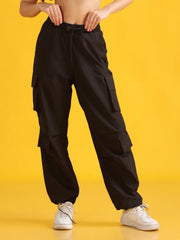 Women Stylish Black High-Waist 6 Pockets Utility Joggers