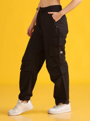 Women Stylish Black High-Waist 6 Pockets Utility Joggers