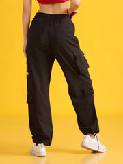 Women Stylish Black High-Waist 6 Pockets Utility Joggers