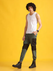 Men Olive Green High-Waist Contrast Jogger Trousers