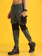 Men Olive Green High-Waist Contrast Jogger Trousers