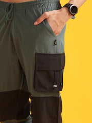 Men Olive Green High-Waist Contrast Jogger Trousers