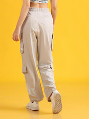 Women Stylish Cream High-Waist 6 Pockets Utility Joggers