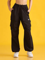 Women Black Baggy-Fit Utility Joggers with 4-Pocket Design