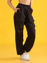 Women Black Baggy-Fit Utility Joggers with 4-Pocket Design