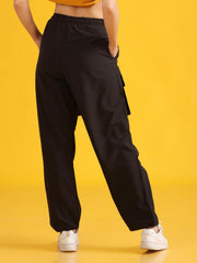 Women Black Baggy-Fit Utility Joggers with 4-Pocket Design