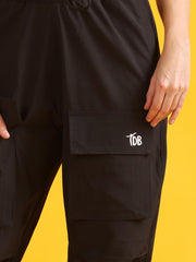 Women Black Baggy-Fit Utility Joggers with 4-Pocket Design