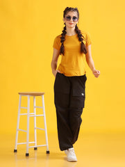 Women Black Baggy-Fit Utility Joggers with 4-Pocket Design