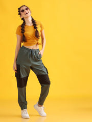 Women Olive Green High-Waist Contrast Jogger Trousers