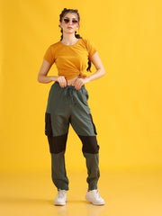 Women Olive Green High-Waist Contrast Jogger Trousers