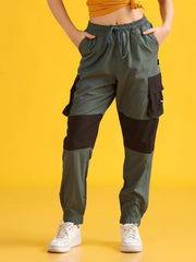 Women Olive Green High-Waist Contrast Jogger Trousers