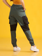 Women Olive Green High-Waist Contrast Jogger Trousers